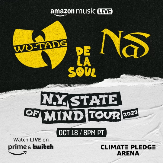 We're excited to announce we’re bringing the New York State Of Mind Tour to you, live from Seattle, streaming on @primevideo 10/18 at 8 PM PT, tune in to see us take the stage with @nas &amp; @wearedelasoul. #NewYorkStateOfMindTour
#WuTangForever