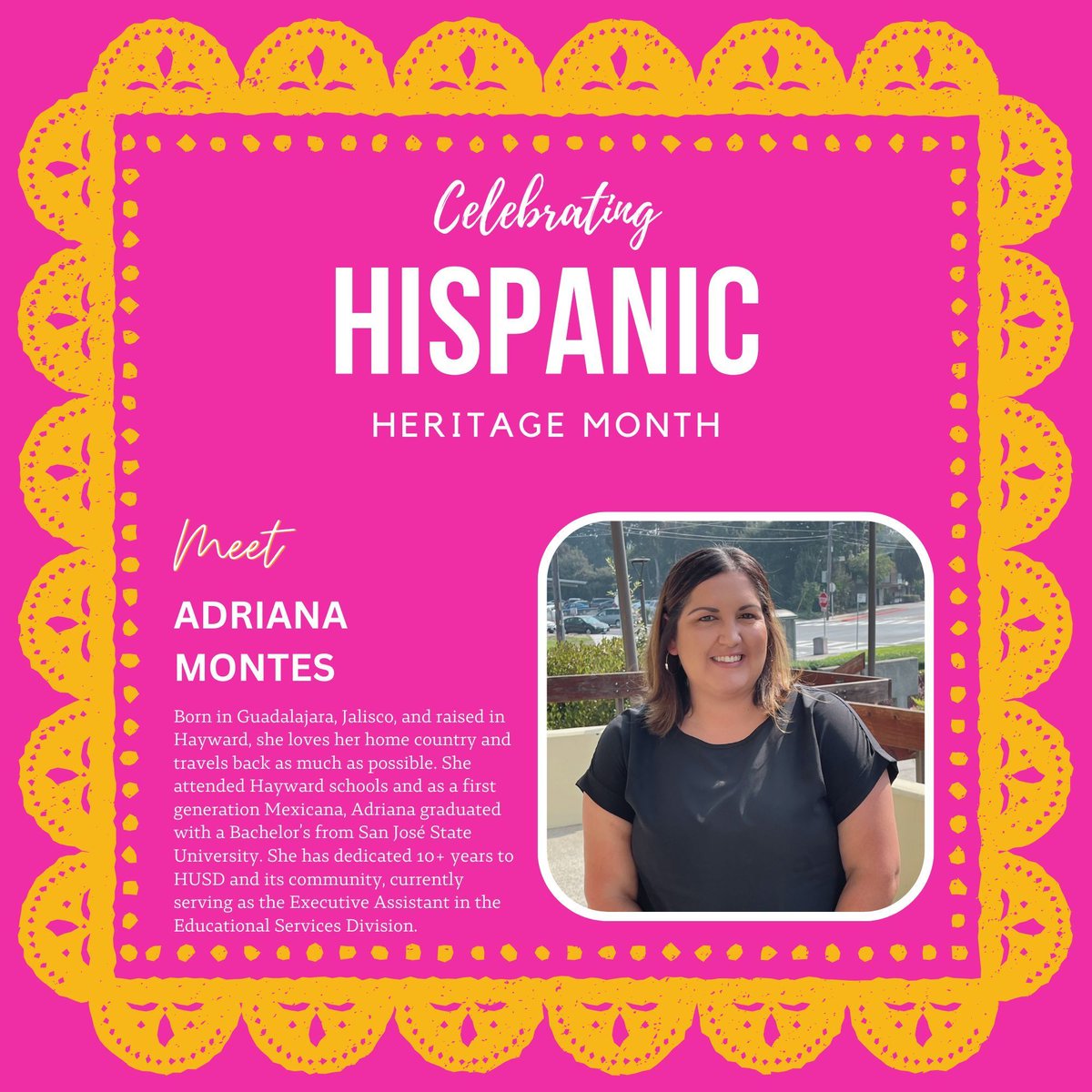 Honoring Hispanic Heritage Month by celebrating the diverse talents of our incredible school district staff! Meet Adriana Montes. She has dedicated 10+ years to HUSD and its community, currently serving as the Executive Assistant in the Educational Services Division.