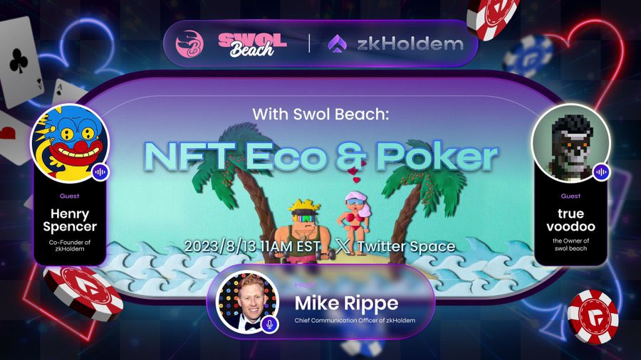 zkHoldem.eth🃏 (@zkholdem) on Twitter photo Thank you <a href="/_TrueVoodoo/">💯Lawrence💯🔺</a> & @SwolBeach for joining the <a href="/zkHoldem/">zkHoldem.eth🃏</a> community conversation today.
See you onchain soon. ♠️ Thank you <a href="/_TrueVoodoo/">💯Lawrence💯🔺</a> & @SwolBeach for joining the <a href="/zkHoldem/">zkHoldem.eth🃏</a> community conversation today.
See you onchain soon. ♠️