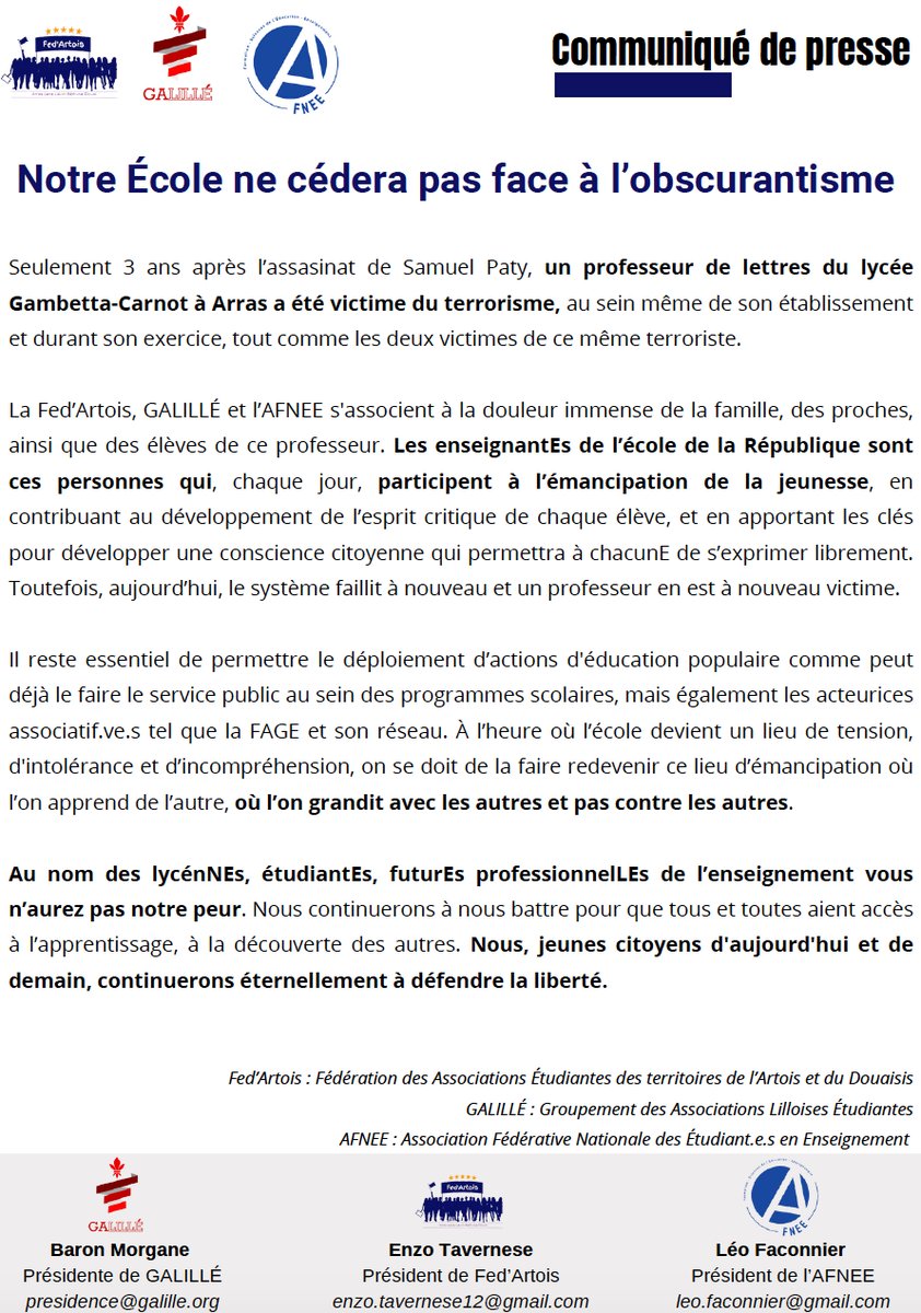 Avec <a href="/fede_afnee/">AFNEE</a> et la Fed'Artois nous témoignons notre soutien à la famille de ce professeur, aux enseignantEs, aux personnelLEs, aux élèves et leurs familles.

L'École ne doit pas céder face à l'obscurantisme et doit être émancipatrice, par des rencontres et d'apprentissage.