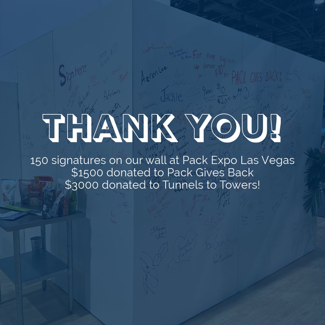 The count is in! With over 150 signatures on our display wall at <a href="/packexposhow/">PACK EXPO</a> Las Vegas last month we made a donation of $1500 to #PackGivesBack- <a href="/PMMIorg/">PMMI</a> matched our donation meaning $3000 was donated to @Tunnels2Towers! Thank you to everyone that signed the wall!