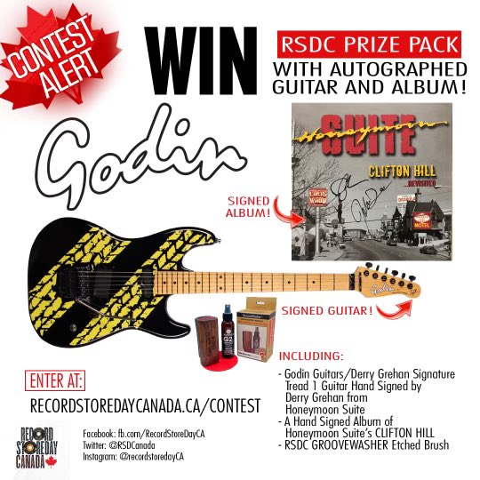 Our latest contest is SUITE! 🍭🍫🍬 Win this amazing @godin_guitars @dermot5150 Signature Model Tread 1 guitar signed by Derry Grehan! And this @1HoneymoonSuite Clifton Hill Revisited vinyl signed by the whole band! As well as @groovywasher Vinyl Cleaning Kit with an RSDC