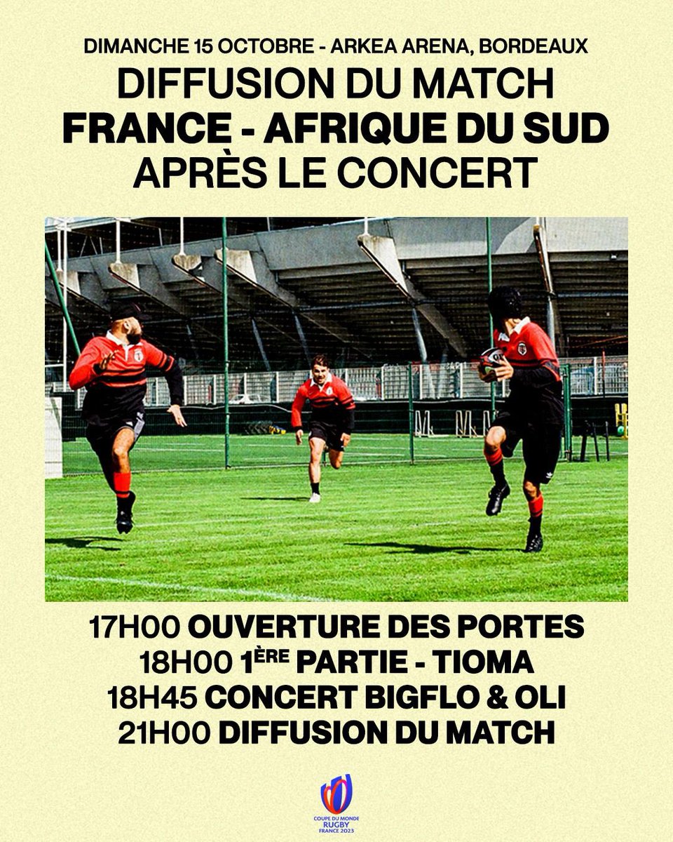 🚨 À l’occasion du quart de finale de finale France - AFS 🏉

BIG FLO &amp; OLI avancent leur concert à 18h45 pour ensuite transformer le Zénith en Fan Zone et diffuser le match à 21h ! 🏟️

DU JAMAIS VUE !