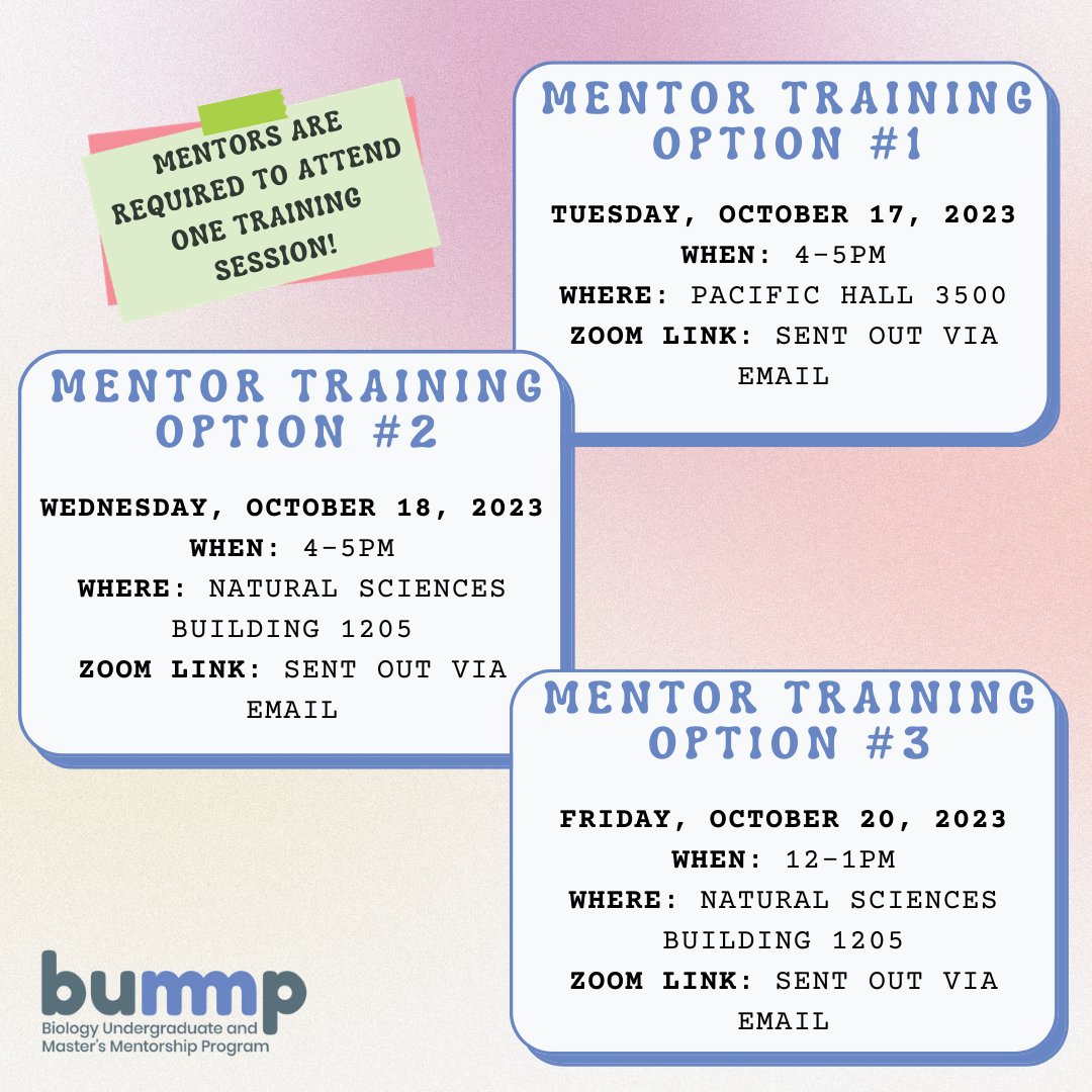 Attention BUMMP Mentors! Mark your calendars! We are hosting Mentor Training Sessions next week! All new and returning mentors are required to attend one training session in order to be paired with a mentee. Additional details were sent out via email today. See you next week!