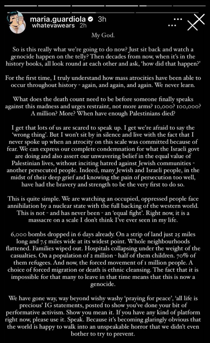 FRBlueMoon's tweet image. 🚨 Maria Guardiola, la fille de Pep, apporte son soutien à la Palestine. 🇵🇸❤️

« Mon Dieu.

Alors, est-ce vraiment ce que nous allons faire maintenant ? Nous asseoir et regarder un génocide se dérouler à la télévision ? Puis des décennies plus tard, quand ce sera dans les livres…