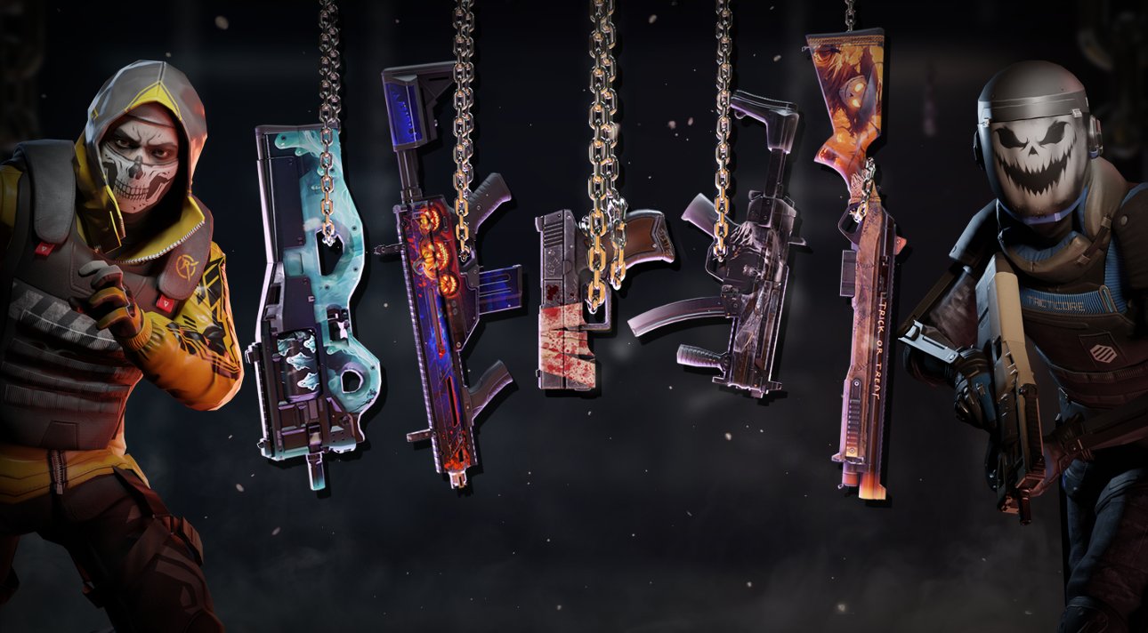 Revolter with a skull mask on the left followed by an RCP skin that is ghost-themed, a Vezin skin that is pumpkin themed, a bandaged Jesper skin, a reaper Omen skin, a scarecrow trick-or-treat canutt skin, and finally on the right side an enforcer with a ghost spray on their helmet.