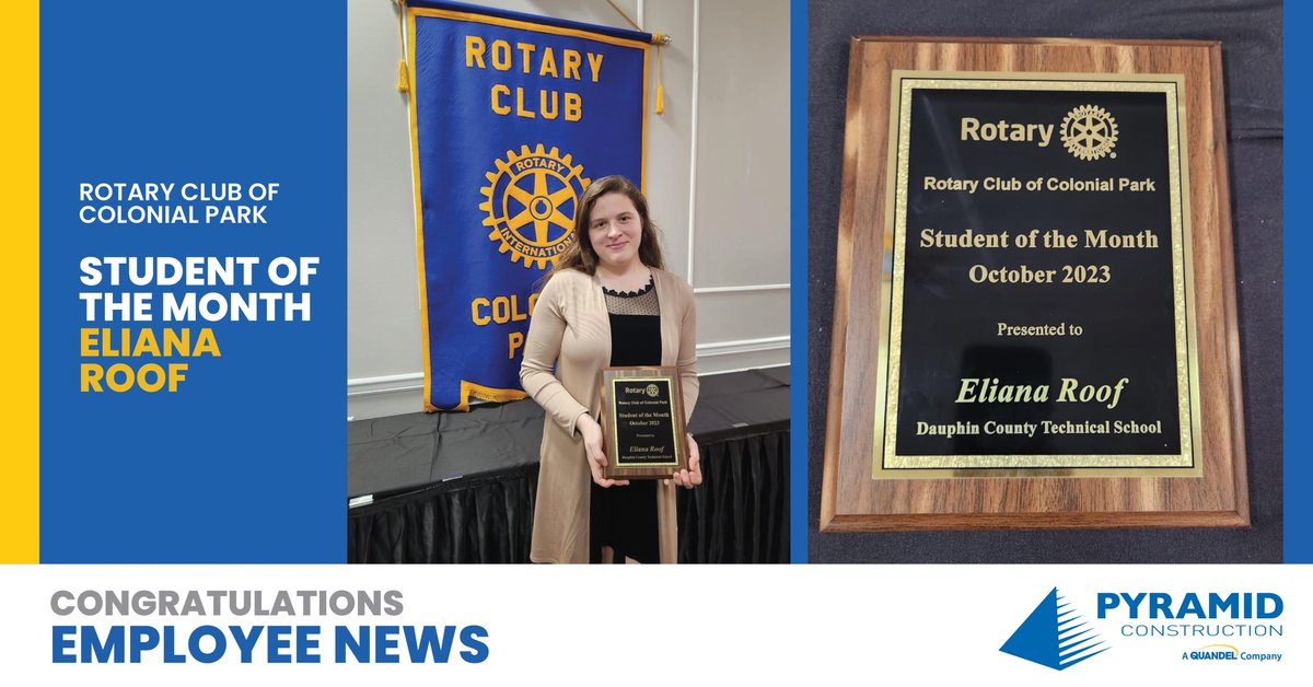 Congratulations to Pyramid intern and co-op student from <a href="/DauphinCoTech/">Dauphin Co Tech</a>, Eliana Roof on being named the <a href="/Rotary/">Rotary International</a> of Colonial Park's Student of the Month! Way to go!