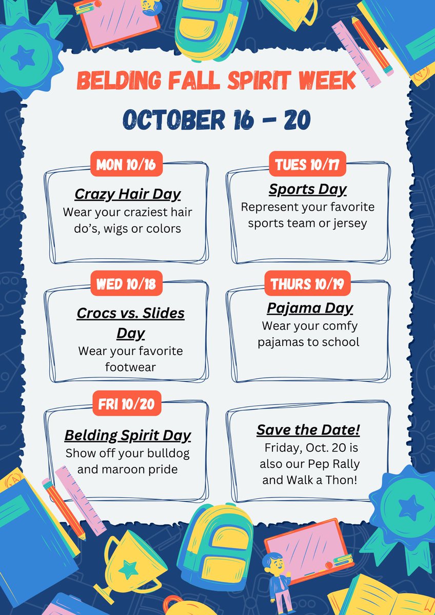 CPS_Belding's tweet photo. Next week is our Fall Spirit Week! Monday kicks it off with crazy hair day. We look forward to seeing your wild hairstyles and school spirit! https://t.co/RCMWfeWBaL