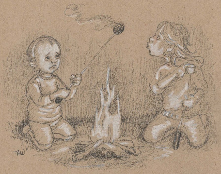 AnackerTheresa's tweet photo. Never fails, someone around the campfire ends up with a #burnt mallow. #scbwiArtober2023 #kidlitart #illustrators #scbwiillustrator https://t.co/L8aV4N9vdf