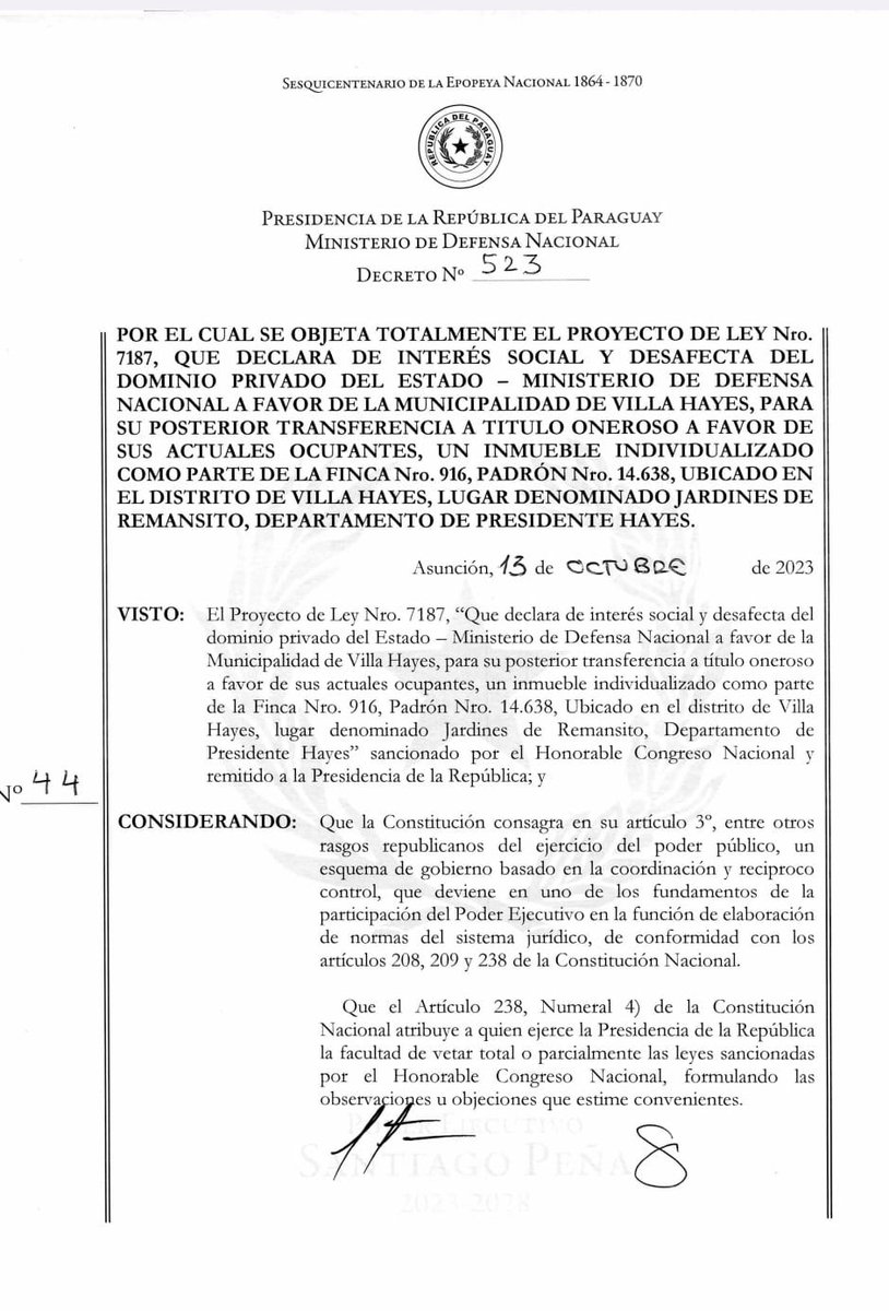 RNSanPedro's tweet photo. El mandatario @SantiPenap, vetó totalmente el proyecto de ley de la finca 916, más conocida como "Jardines de Remansito" https://t.co/3COAJ5cRzU