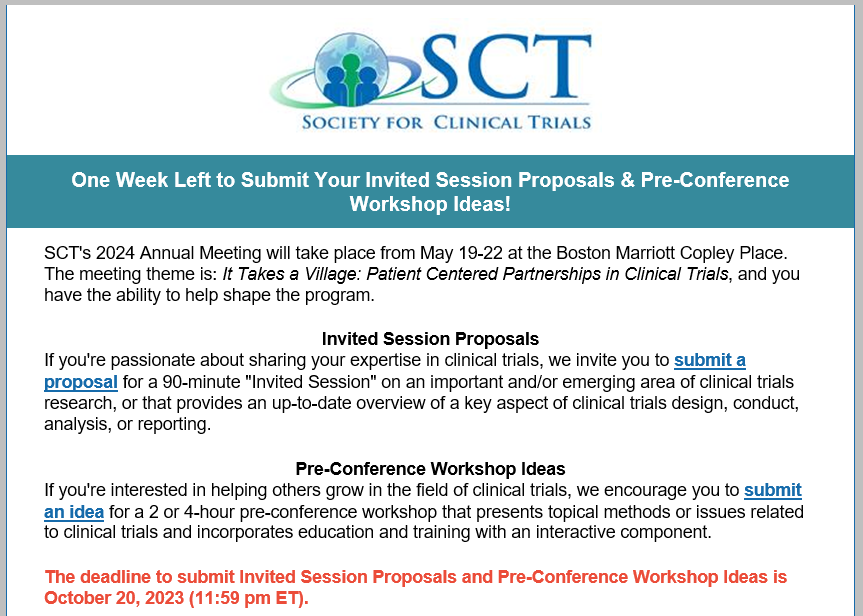 One week left to submit Invited Session Proposals or Pre-Conference Workshop Ideas for #SCT2024