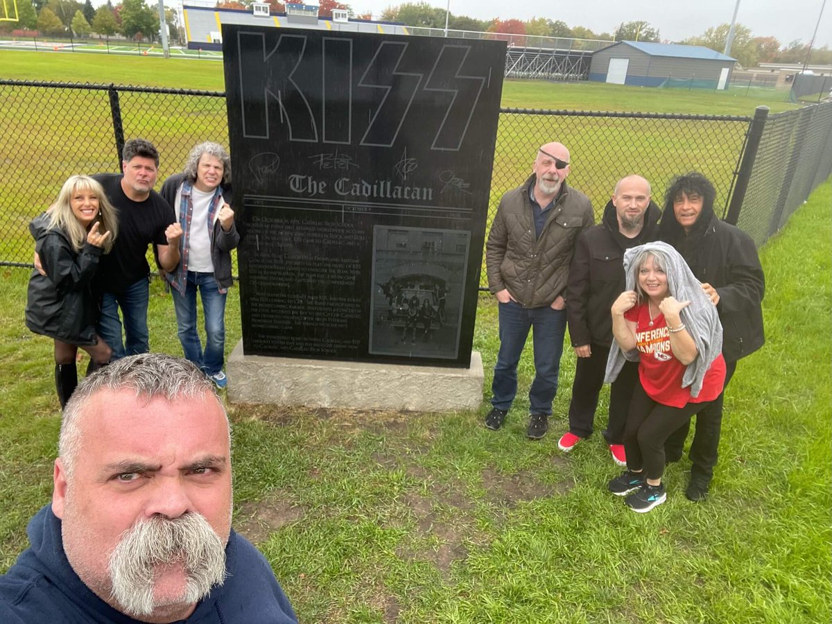 A group photo of us stopping at the Monument to KISS in Cadillac, MI!  #BeyondFrontiers #joeybelladonna #kissband #kissmonument #cadillacmichigan