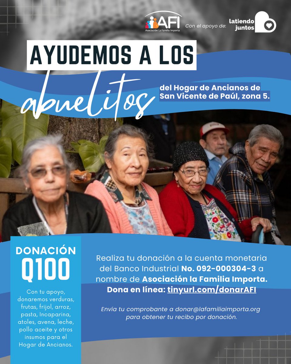 ¡Únete a esta nueva campaña por los abuelitos! 👵🏼👨🏻‍🦳 Ayúdanos a llevar alimentos al Hogar de Ancianos de San Vicente de Paul. Con tu donación, apoyaremos la vida en todas sus etapas en estos momentos de dificultad. #TodaVidaImporta

📲 Dona en línea:  tinyurl.com/donarAFI