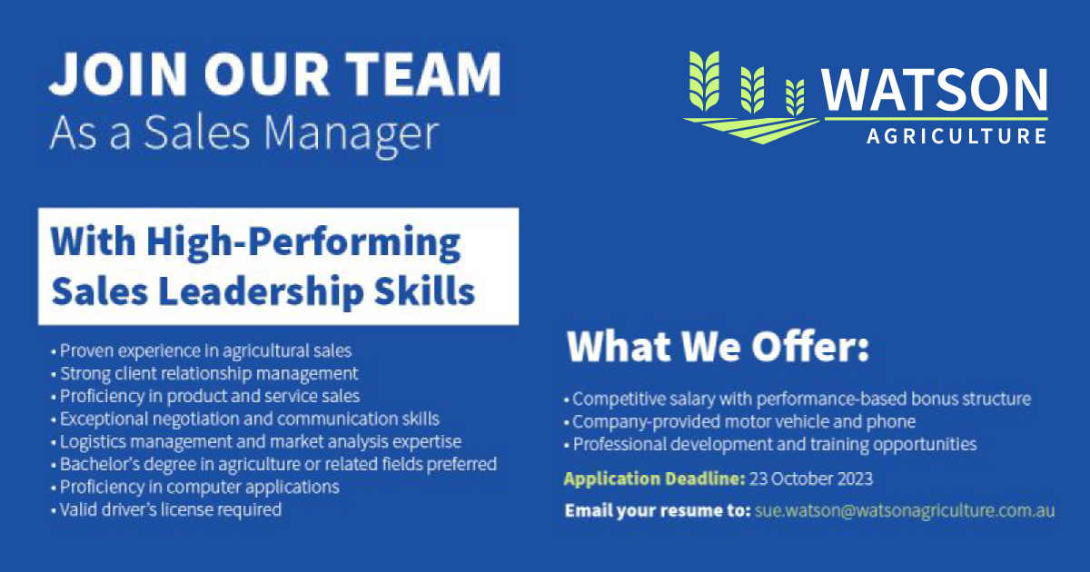 We're Hiring! Passionate about agriculture and sales? Join Watson Agriculture as a #SalesManager.
Competitive salary, company vehicle and growth #opportunities. 

Send your application to sue.watson@watsonagriculture.com.au., before 23rd October.

#WatsonAgriculture #Hiring #Job