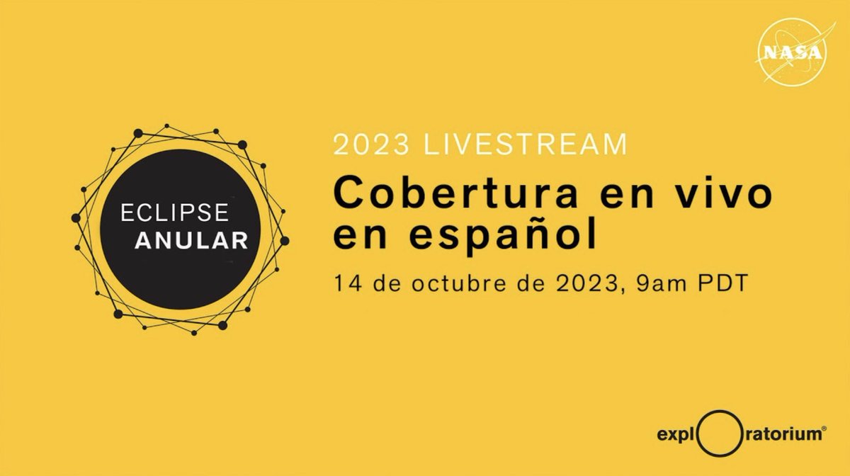 ¡El sábado, disfruta del eclipse solar anular, sea o no sea visible desde tu ubicación!

Transmitiremos en vivo el programa completamente en español del museo @Exploratorium desde Utah. Sintoniza a las 12 p.m. EDT / 16:00 UTC
go.nasa.gov/3FcFUNd