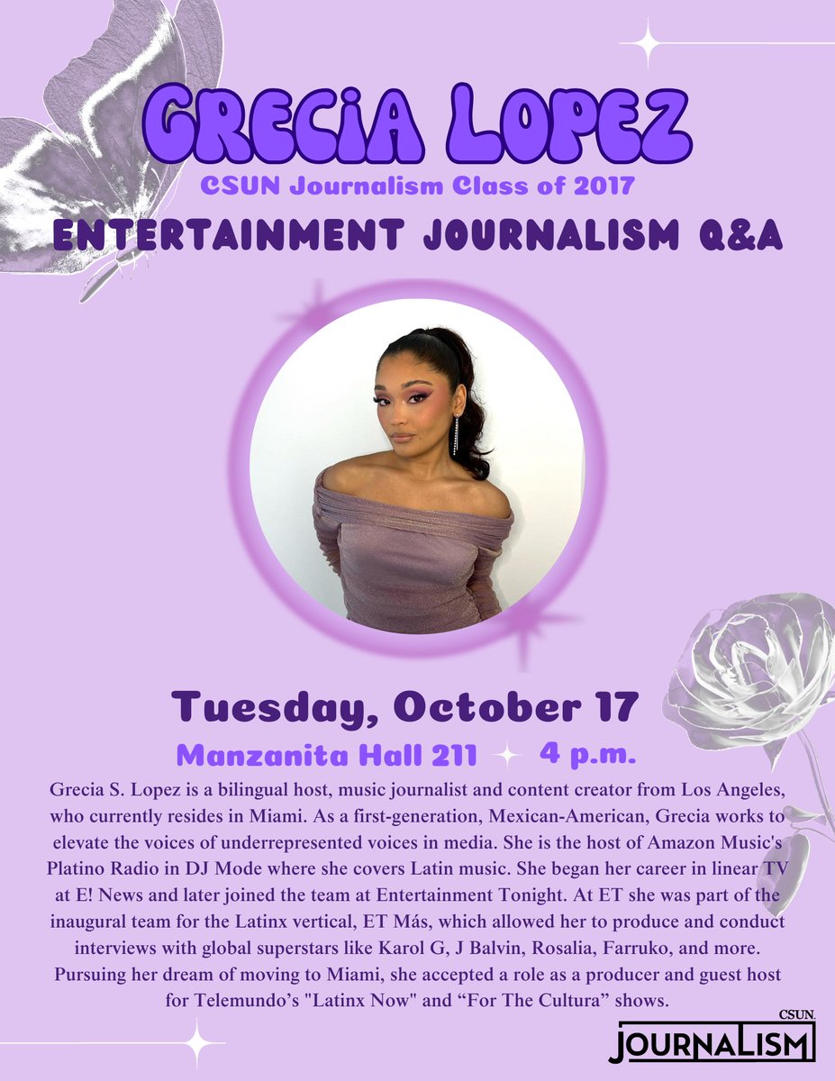 CSUN Journalism (@csunjournalism) on Twitter photo Get to know more about Entertainment Journalism with Grecia Lopez on Tuesday, Oct. 17! From Karol G to Rosalia, she has interviewed several global superstars in the industry. Learn more about her experience in Manzanita Hall Room 211 at 4 p.m. 👏 <a href="/greciaslopez_/">Grecia S. Lopez</a> Get to know more about Entertainment Journalism with Grecia Lopez on Tuesday, Oct. 17! From Karol G to Rosalia, she has interviewed several global superstars in the industry. Learn more about her experience in Manzanita Hall Room 211 at 4 p.m. 👏 <a href="/greciaslopez_/">Grecia S. Lopez</a>