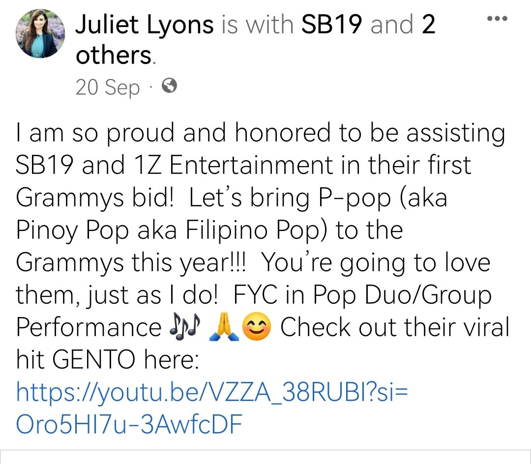 kentoKentoF's tweet photo. Nakakatuwa nman si Ms.Juliet Lyons.😭just saw her FB post.She was Helping us since last Sept.20 for Grammy consideration.Mostly ung nagrereply mga members dn ng recording academy.

@SB19Official #SB19
#PAGTATAGTourNewYorkVlog #GetSB19GrammyNominated #SB19RoadToGrammyNomination https://t.co/fVbYD9TO6V