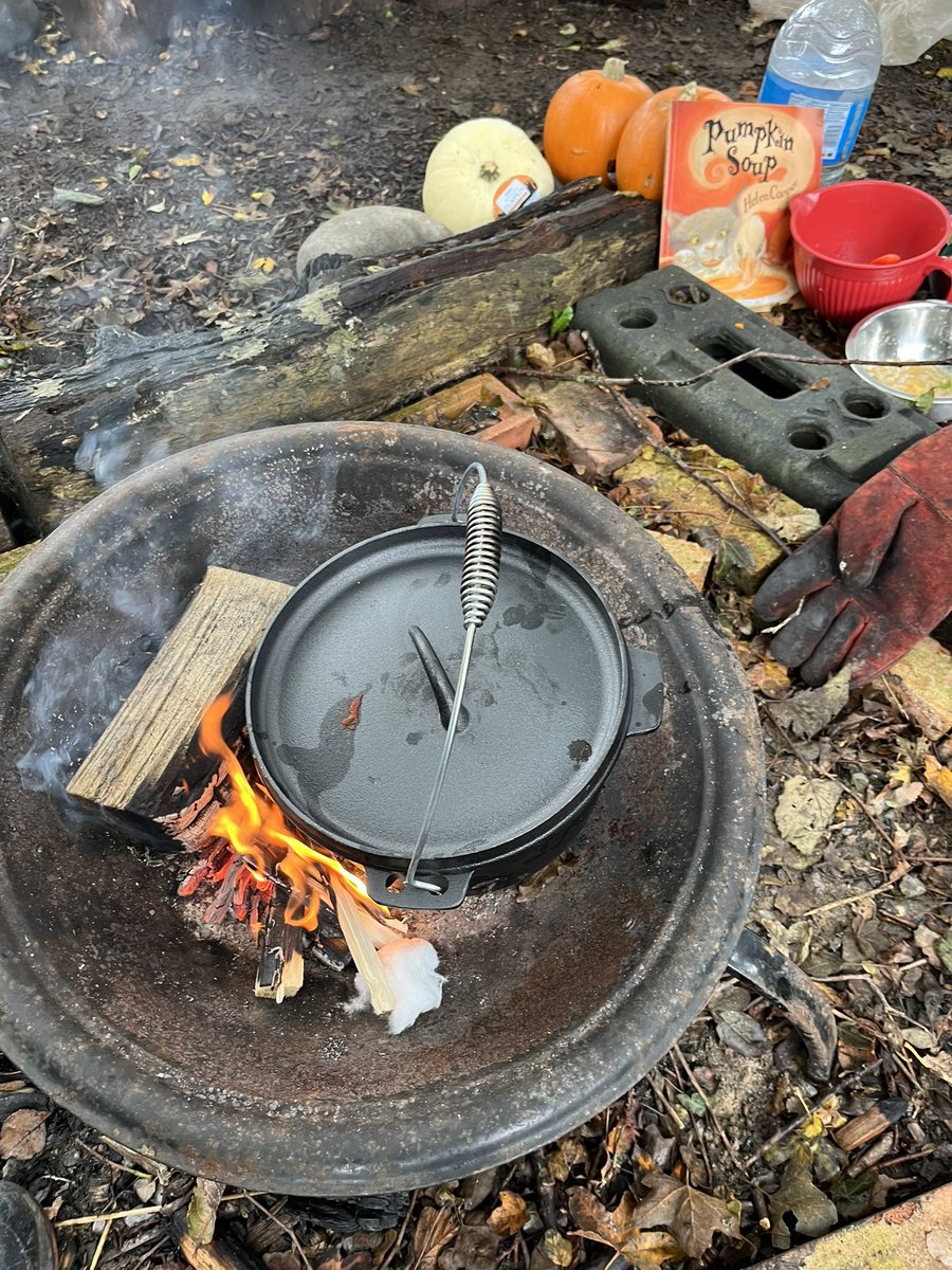 walkinthewild1's tweet photo. We made Pumpkin soup over the fire this week @ysgolyddraig and listened to the story ‘Pumpkin Soup’ as we tasted it together. The children enjoyed fire lighting, making up designs for their class pumpkin after scooping it out and playing together. #coch #rheidol #ogwr #fonmon https://t.co/OJjRezBhkA