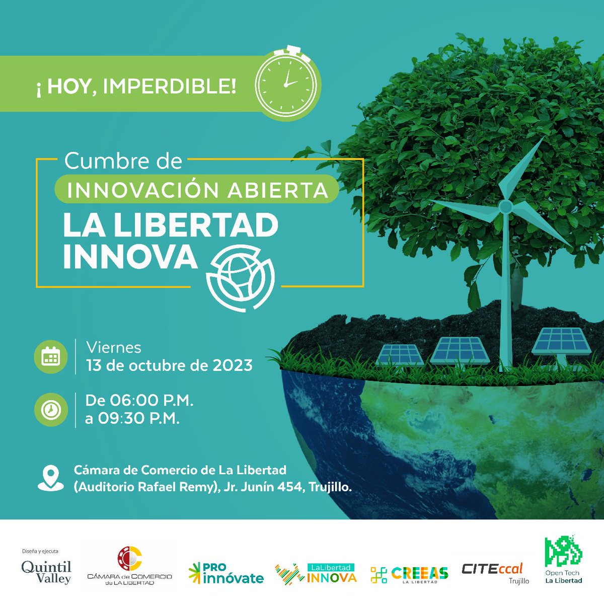 🎉¡¡¡Hoy es el gran día!!! 🎉

Cumbre de Innovación Abierta en Perú 🇵🇪
#LaLibertadInnova 

¡Atentos/as a nuestras redes sociales, traeremos nuevas y grandes novedades! 👀❗

#corporateventures #peru #lalibertad #quintilvalley #innovacionabierta