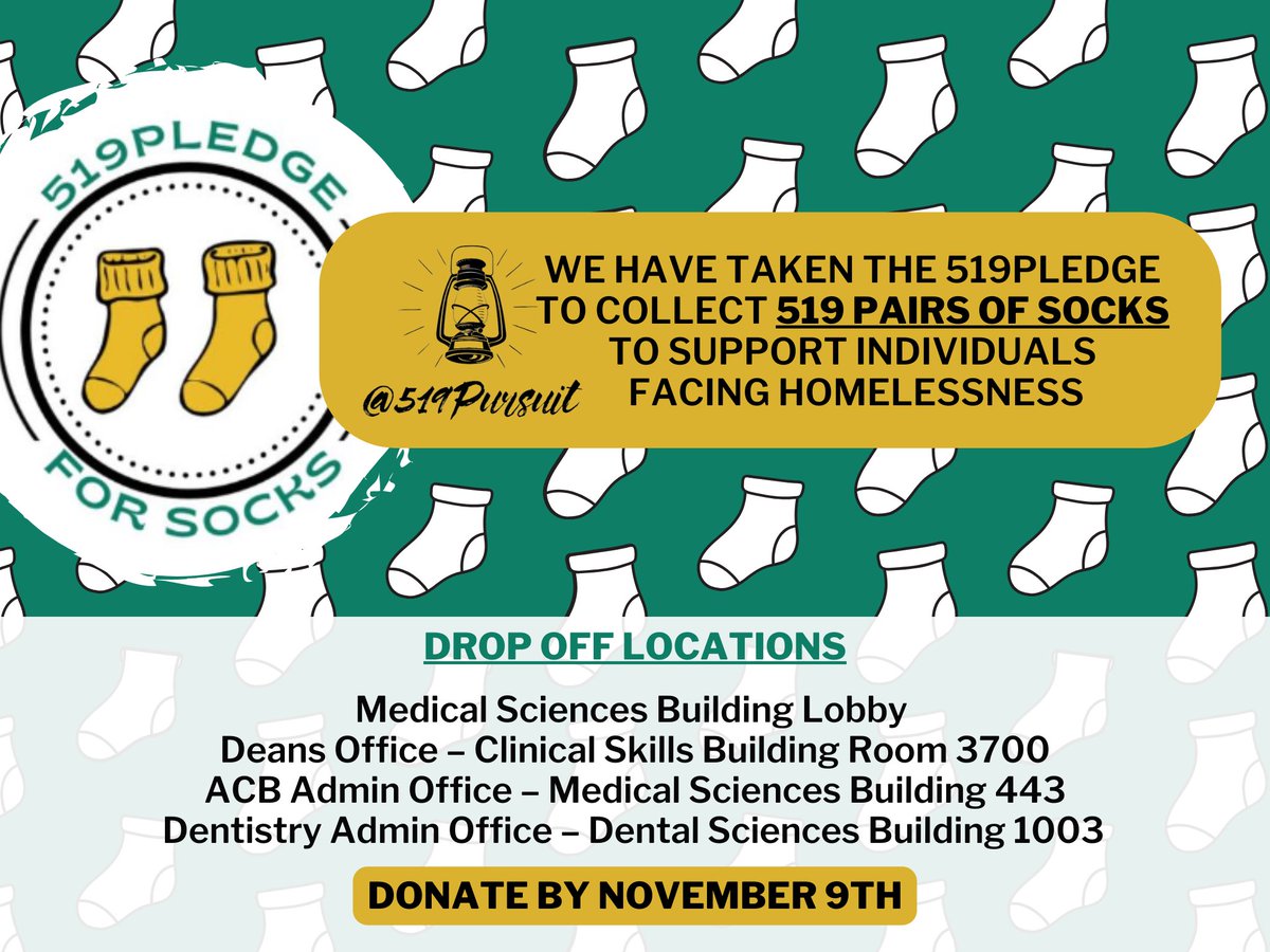 Exciting news! We're back with the #519Pledge 🧦 Our goal: 519 pairs of socks for @519Pursuit and our community friends in need! Join us by dropping off new socks at these @SchulichMedDent and @WesternU locations by Nov 9: MSB Lobby, CSB 3700, MSB 443, DSB 1003.