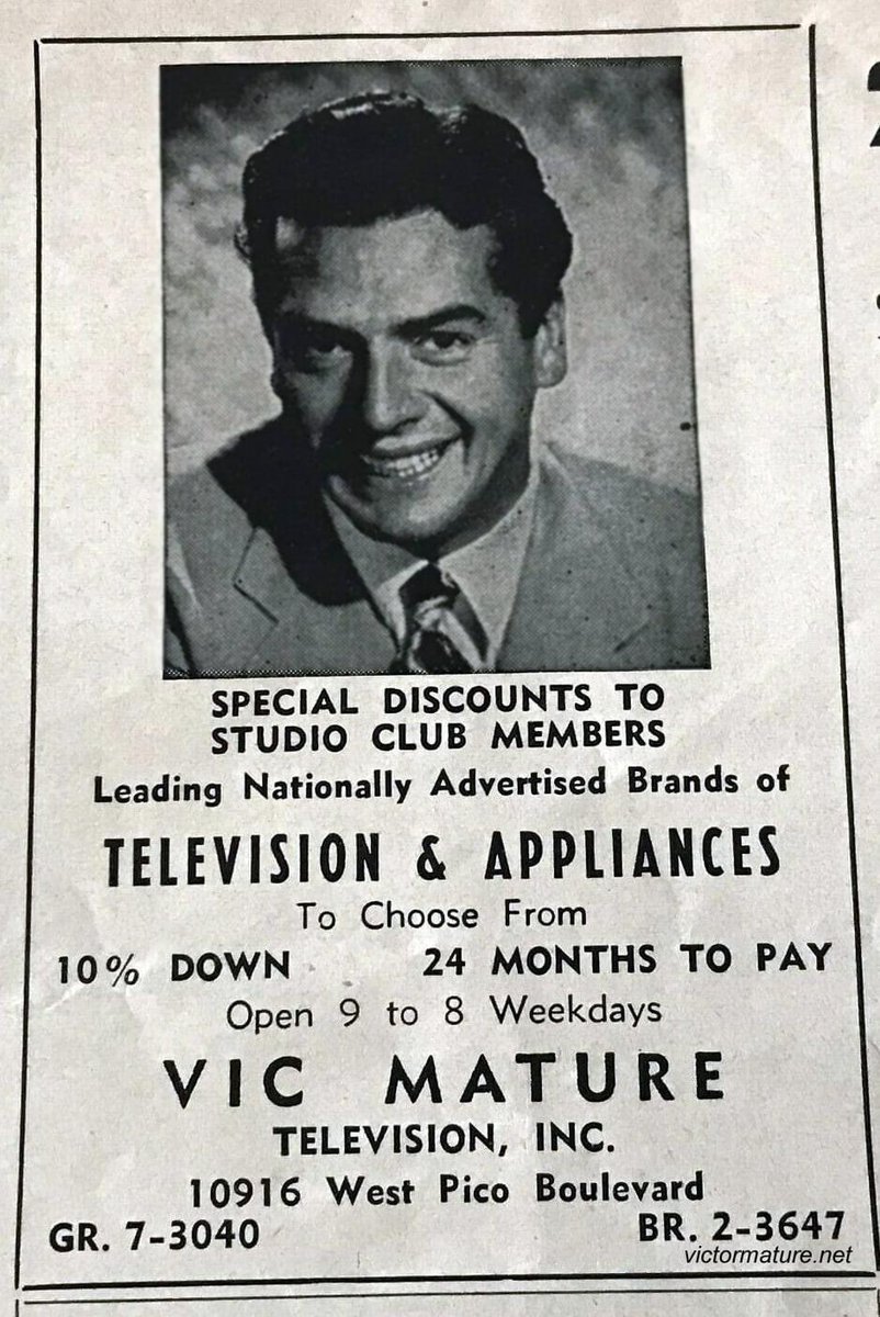 VictoriaMature's tweet photo. @sandrajshevey @Crisopera1 Actually, #VictorMature owned a chain of Vic Mature TV &amp; Appliance stores from the 50's to the 70's..he retired from Hollywood in 1962 &amp; came out of retirement to star in #AftertheFox (1966) w #PeterSellers dir #VittorioDeSica &amp; #Head (1968) w #TheMonkees ...among other projects. https://t.co/lNSLKL8ksW