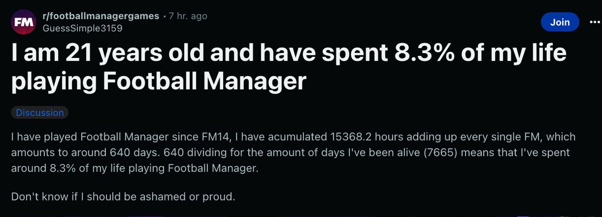 nocontextfm1's tweet image. 8 PERCENT OF HIS LIFE ON FOOTBALL MANAGER
