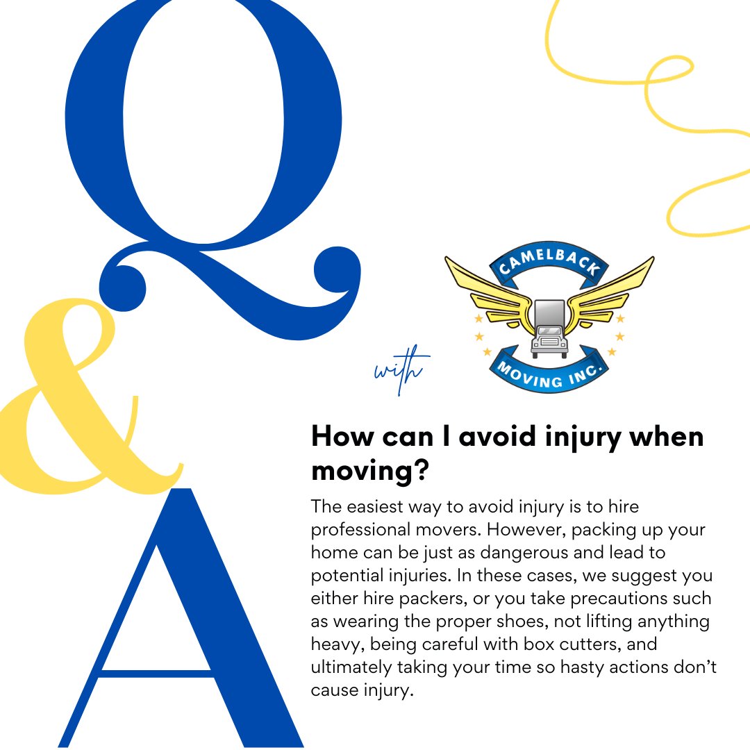 CamelbackMoving's tweet image. What a great question! After all, moving is a task that is highly involved when you consider the planning, packing, and physically moving items. Check out our advice to help ensure your safety. #CamelbackMoving #MovingFAQ