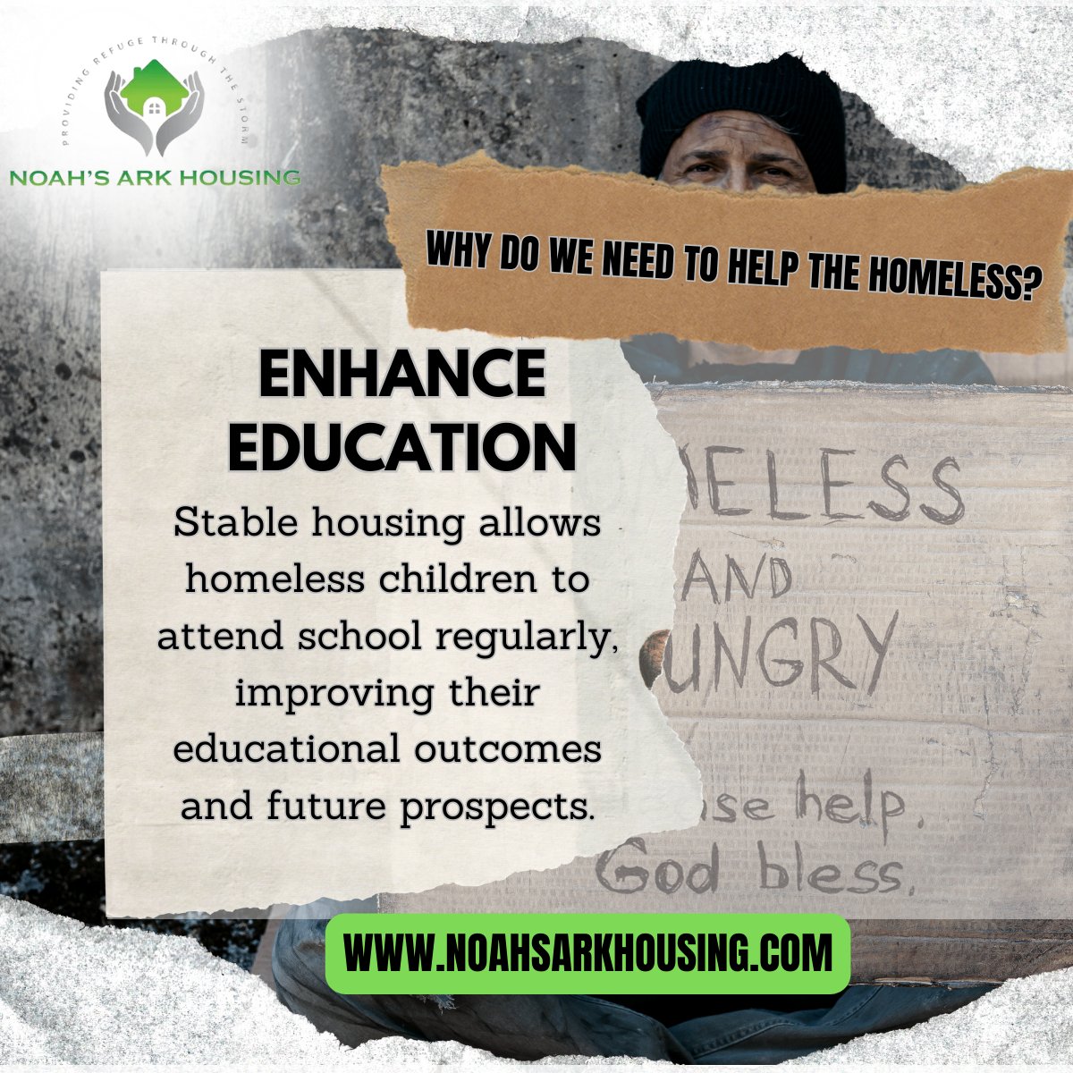 Building Brighter Futures: 🏠✨ Stable housing is the key to better education for homeless children. Join us to make a difference and ensure every child has a chance to thrive. 💪📚 #SupportTheHomeless #EducationMatters #NoahsArkHousing
