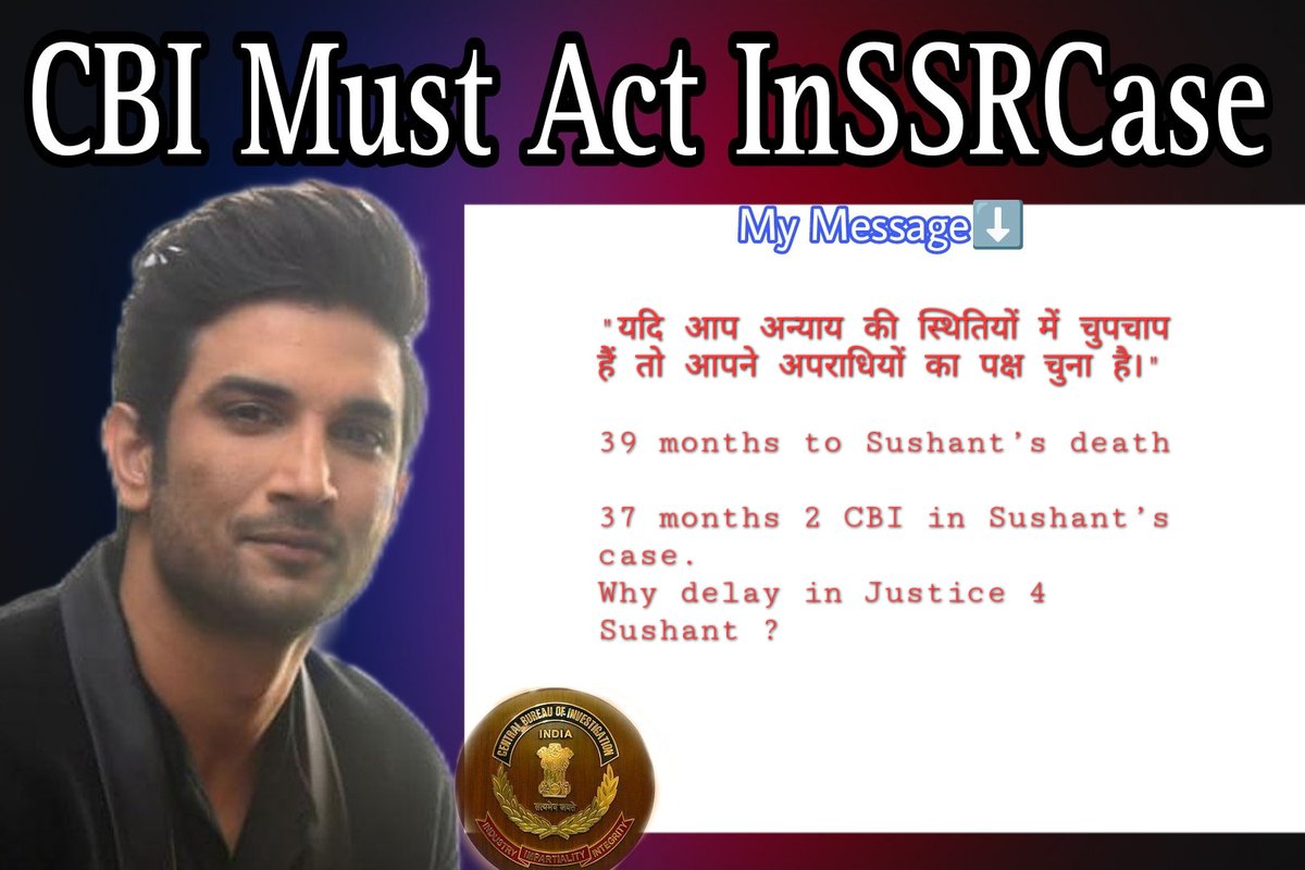 I Am Sushant I Want Justice 
#JusticeForSushant️SinghRajput 

40 months of Injustice to Sushant
Why delay in Justice4SSR ⁉️
<a href="/Copsview/">Praveen Sood</a> <a href="/CBIHeadquarters/">Central Bureau of Investigation (India)</a> <a href="/rashtrapatibhvn/">President of India</a> <a href="/VPIndia/">Vice-President of India</a>