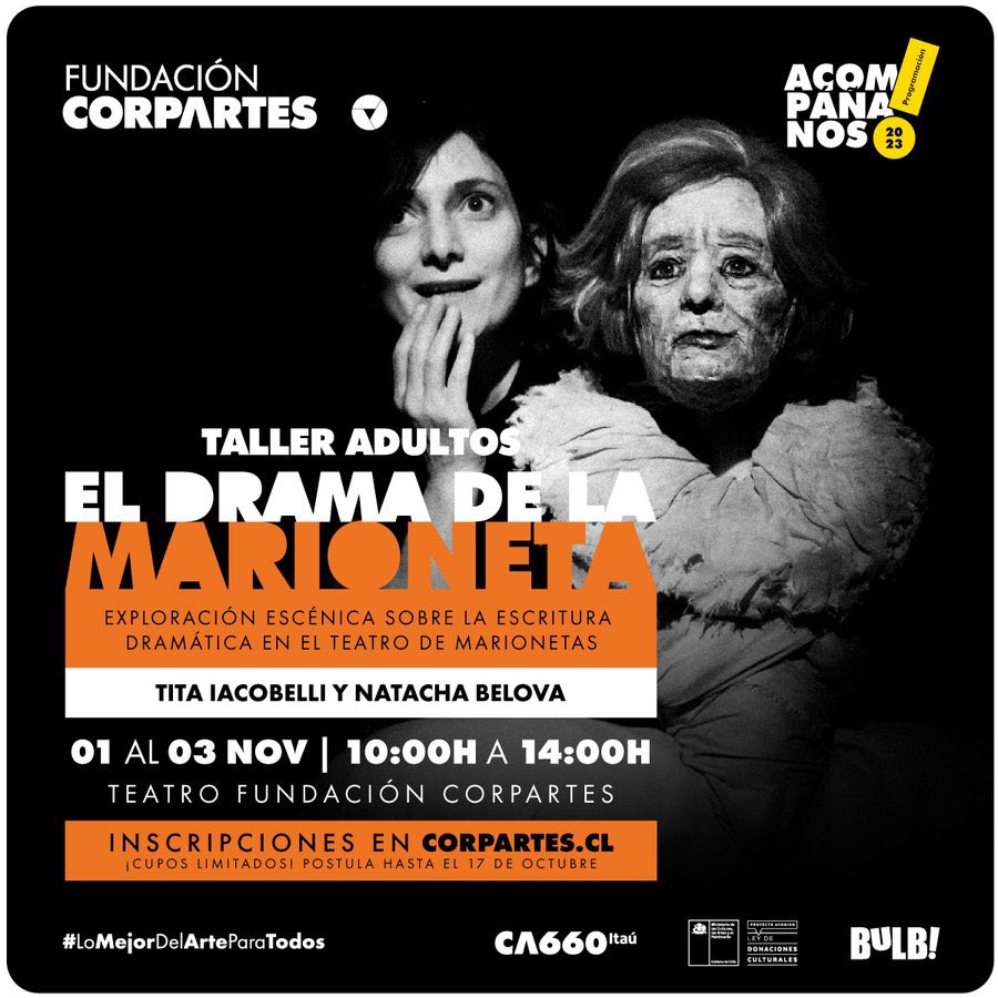 CorpArtes's tweet photo. #TALLER “EL DRAMA DE LA MARIONETA” 😱
Descubre personalmente el mágico trabajo de la compañía #BelovaIacobelli a través de este taller gratuito.
👉Convocatoria abierta hasta el 17 de octubre.
🔗Postula en: https://t.co/9WnC0vdB8o
#Teatro #Chile #LasCondes #CorpArtes #Marioneta https://t.co/Q7VGgOp30x