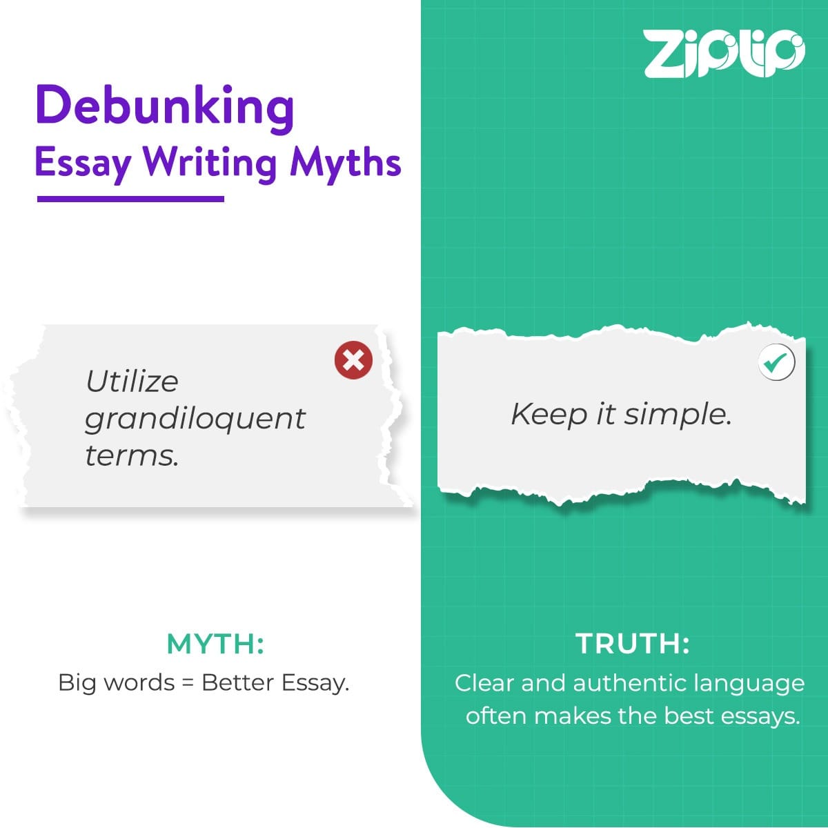 ZipiLipiAI's tweet photo. Myth: Using big words makes for a better essay. Truth: Clear and genuine language often works best. #ZipiLipiMythbusters #DebunkingMyths https://t.co/vvhmoCkv6I