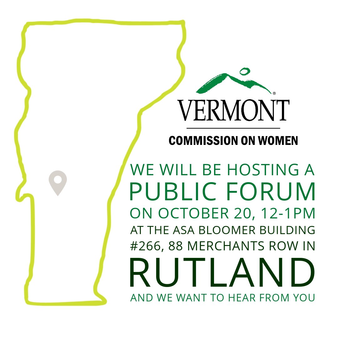 VCW will be in Rutland on Friday, October 20th, 12 – 1pm in person at the ASA Bloomer building, 2nd Floor, #266, 88 Merchants Row in Rutland. Join us! Refreshments will be provided. Can’t make it? Meet us virtually: women.vermont.gov/vcw-will-be-ru…
