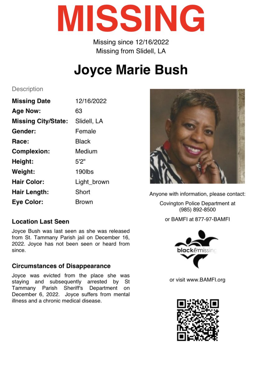 Slidell, LA: 63y/o Joyce Bush was last seen on December 16th, 2022 when she was released from St. Tammany Parish Jail; She has not been seen or heard from since. #HelpUsFindUs #JoyceBush