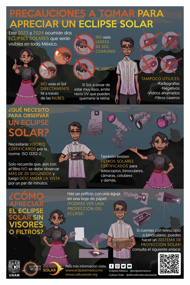 EclipsesMexico's tweet photo. ¡Mañana  es el gran día! Se acerca el eclipse del 14 de octubre del 2023 y es  importante tomar las consideraciones necesarias para una observación  segura. Nuestros compañeros de Cultura Solar, nos indican como hacer una correcta observación y que cosas evitar. 😎🌕🔭 https://t.co/COyoV3xbCG