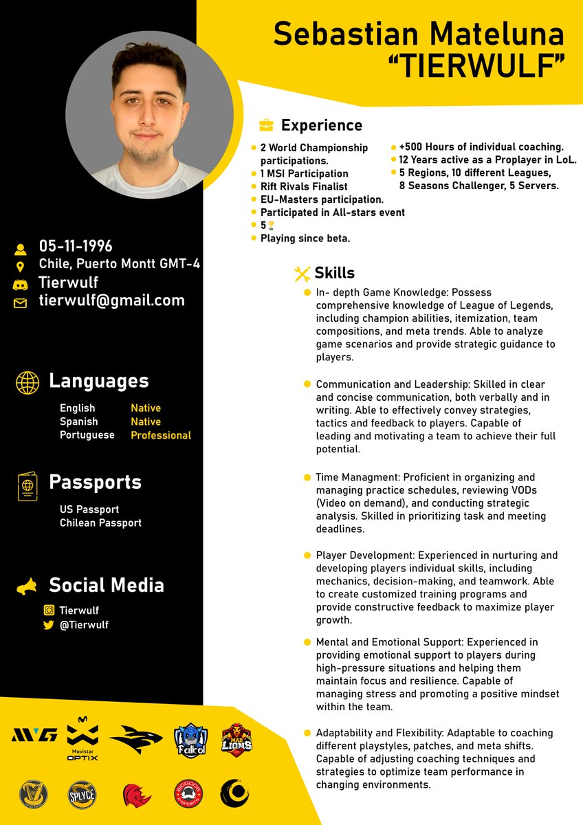Tierwulf's tweet image. Después de dedicar más de una década a ser jugador profesional, estoy buscando ofertas como entrenador. Mis áreas de interés incluyen ser coach, positional coach y strategic coach. Estoy abierto a oportunidades de cualquier liga y región, busco ofertas remotas tanto para…