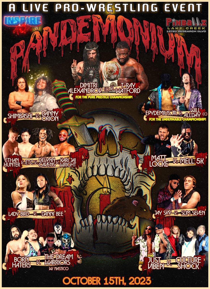 THIS SUNDAY!

INSPIRE A.D. presents PANDEMONIUM on Sunday, October 15th at PINBALLZ LAKE CREEK (13729 Research Blvd) in Austin, TX!

Doors open at 5 PM with a 6 PM Bell Time

TICKETS: ticketstripe.com/events/1036545