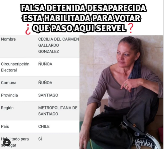 solo_gemma's tweet photo. Cecilia del Carmen gallardo González, vive en Israel, en @canal13 dijo q no quería volver a Chile porque es una "Detenida desaparecida".
Una desaparecida q vota! @ServelChile y @gobiernodechile debe comunicarle q debe devolver todo el dinero q robó tantos años a los chilenos!! https://t.co/viPBV6WsNM