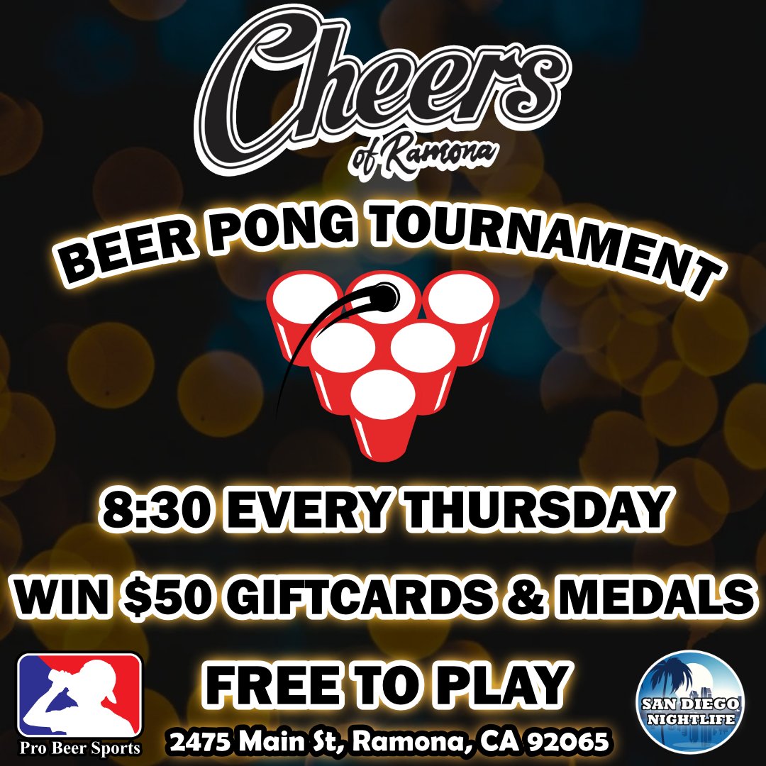 Win $50 and medals at the FREE Beer Pong Tournament on Thursdays at Cheers of Ramona! Starts at 8:30pm! <a href="/cheersoframona/">cheersoframona</a> #beerpong