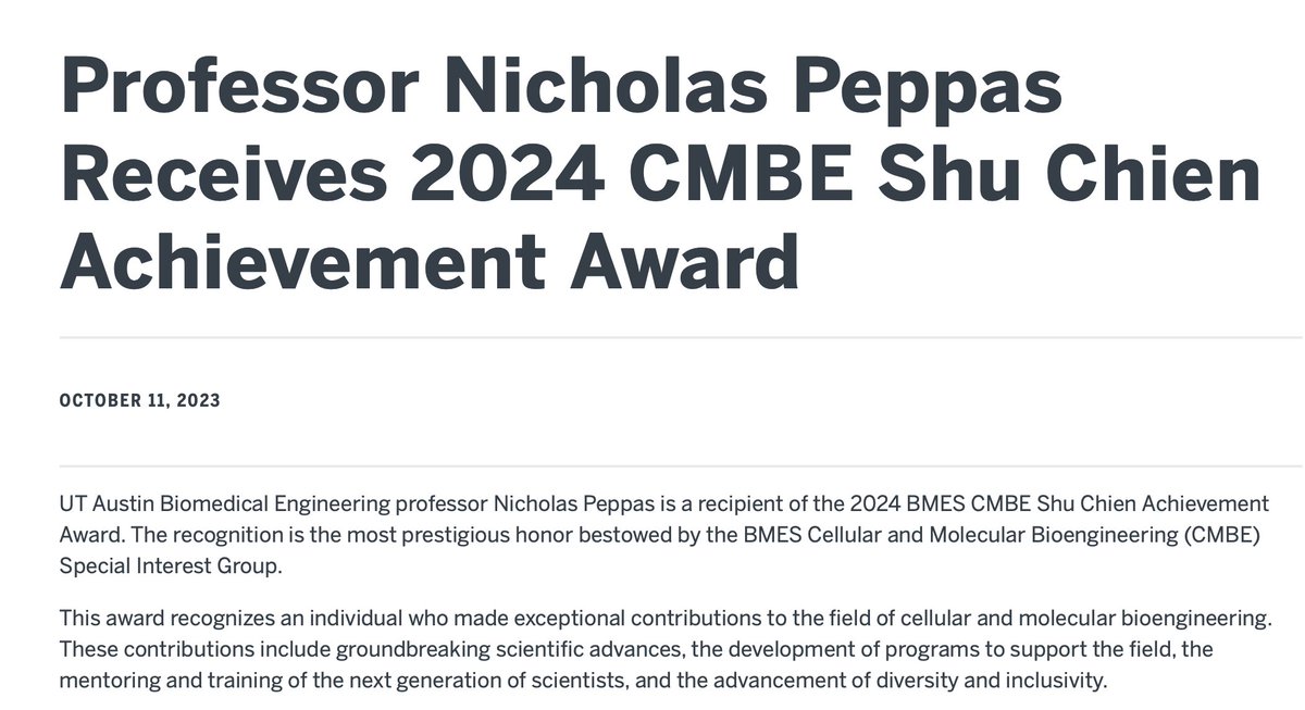 bme.utexas.edu/news/professor…
<a href="/UTAustin/">UT Austin</a> <a href="/CockrellSchool/">Texas Engineering</a> <a href="/DellMedSchool/">Dell Medical School</a> <a href="/UTBiomedical/">Texas BME</a> <a href="/TexasChE/">TexasChE</a> <a href="/theNAEng/">National Academy of Engineering</a> <a href="/theNAMedicine/">National Academy of Medicine</a> <a href="/americanacad/">American Academy of Arts & Sciences</a> <a href="/TAMESTX/">TAMEST</a> <a href="/aimbe/">AIMBE</a> <a href="/SFBiomaterials/">SFBiomaterials</a> <a href="/CRSScience/">Controlled Release Society</a>