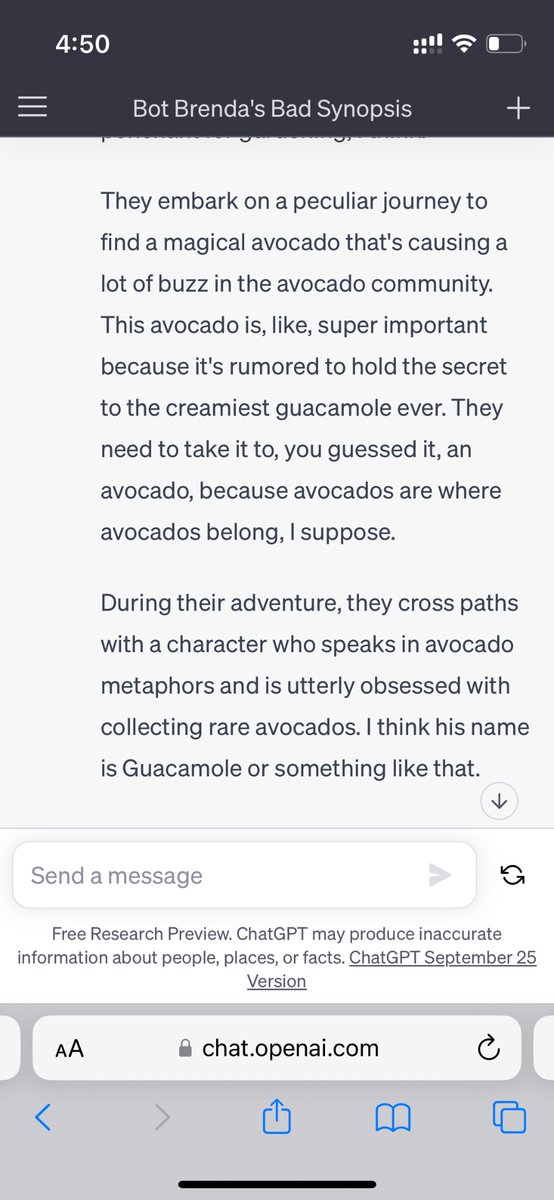 socalbales's tweet photo. MIND = SHOCKED

This is a game changer.

Chat-GPT just wrote a synopsis of the LORD OF THE RINGS but if you’ve never seen the book and if avacados were in it.

In just a few seconds.

Let that sink in. https://t.co/W95z73zhMH
