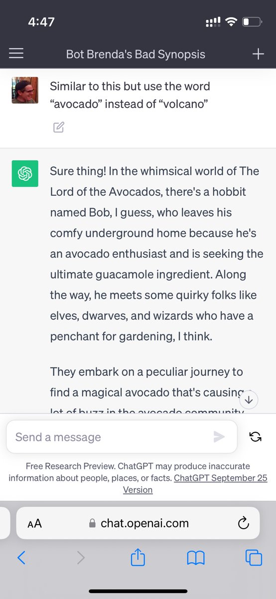 socalbales's tweet photo. MIND = SHOCKED

This is a game changer.

Chat-GPT just wrote a synopsis of the LORD OF THE RINGS but if you’ve never seen the book and if avacados were in it.

In just a few seconds.

Let that sink in. https://t.co/W95z73zhMH
