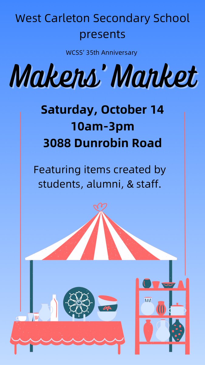TOMORROW, come to WCSS to shop items designed and produced by members of the West Carleton Secondary School community. 

🖼️ 🧵 🪵 🍯 💍 📸 🎒☕️

Students, alumni, guardians, &amp; staff are participating as vendors!  
Some vendors are cash only, so come prepared! (No ATM on-site!)