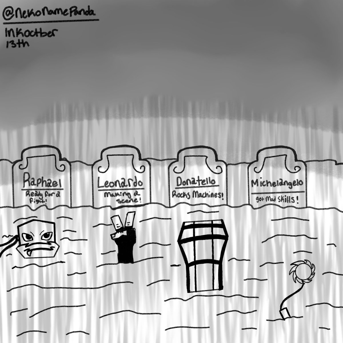 DenkiSketches's tweet photo. Rise inktober: rise turtles rising up from the grave in there own special way #inktober #inktober2023 #art #artist https://t.co/cC4PeeQgQD