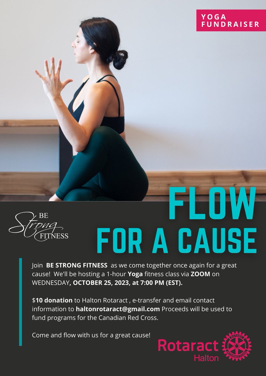 HaltonRotaract's tweet image. We will be hosting a 1-hour Yoga fitness class via ZOOM on WEDNESDAY, OCTOBER 25, 2022, at 7:00 PM(EST)🧘‍♀️🧘‍♂️

$10 donation to Halton Rotaract, e-transfer and email contact information to haltonrotaract@gmail.com. 

Proceeds will be donated to the Canadian Red Cross.
