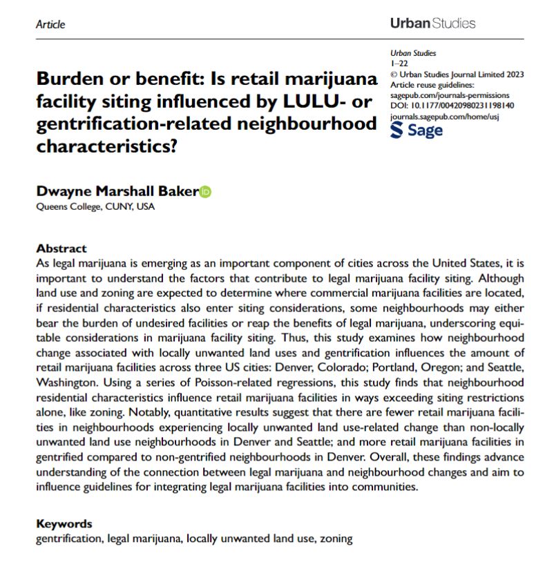USJ_online's tweet photo. Dwayne Marshall Baker's latest study examines how #NeighbourhoodChange associated with locally unwanted #LandUses and gentrification influences the amount of retail marijuana facilities across Denver, Portland and Seattle 
https://t.co/MLdpRgPpHs https://t.co/Z6WPeqRMV9