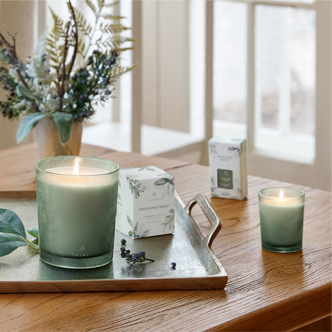 As fall settles in, a refreshing winter haven is just around the corner. 
In anticipation to crisp mornings and frosted evenings, two new additions to the Highland Frost Collection have been added - a Large 13oz Candle and a 2oz Boxed Votive Candle. Perfect for home or gifting!
