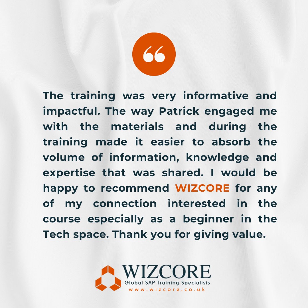 Thrilled to share a success story from one of our amazing clients! 'The training at WIZCORE was incredibly informative and impactful. Patrick's engaging teaching style made absorbing a ton of knowledge a breeze. I wholeheartedly recommend #WIZCORE, especially for tech beginners.