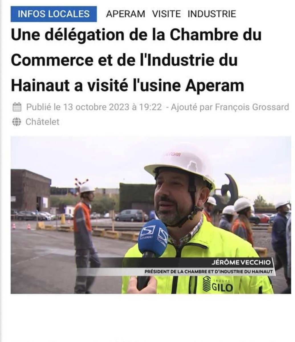 Lors d’une visite chez l un de nos membres, le sidérurgiste APERAM Châtelet, j ai eu l occasion de remercier Aperam pour cette visite enrichissante et d’être fier de l’industrie lourde en Hainaut ! 
Votre président.
