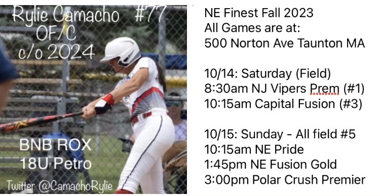 CamachoRylie's tweet photo. My team and I, BNB Rox -Petro, are so excited to play at NE Finest this weekend! I hope you can make it!! @WestfieldOwls @salve_softball @EndicottSOFT https://t.co/e5NSNcuotv