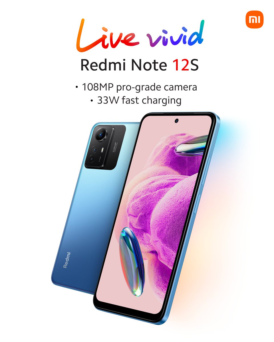 #LiveVivid with the #RedmiNote12S, showcasing:

✅ A pro-grade 108MP main camera
✅ A stunning 90Hz FHD+ AMOLED DotDisplay
✅ Lightning-fast 33W charging

 Upgrade your smartphone experience today!
#RedmiNote12Series